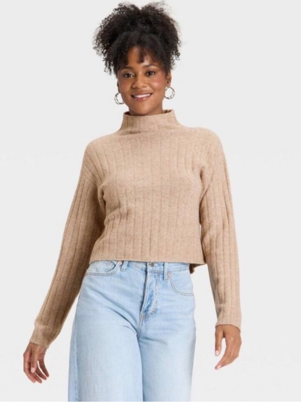 Universal Thread Ribbed Knit Mock Neck Sweater in Tan S NWOT
